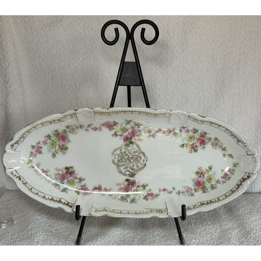 Antique Celery Dish 1909-1916 Three Crown China Germany Pink Roses & Gold Accent